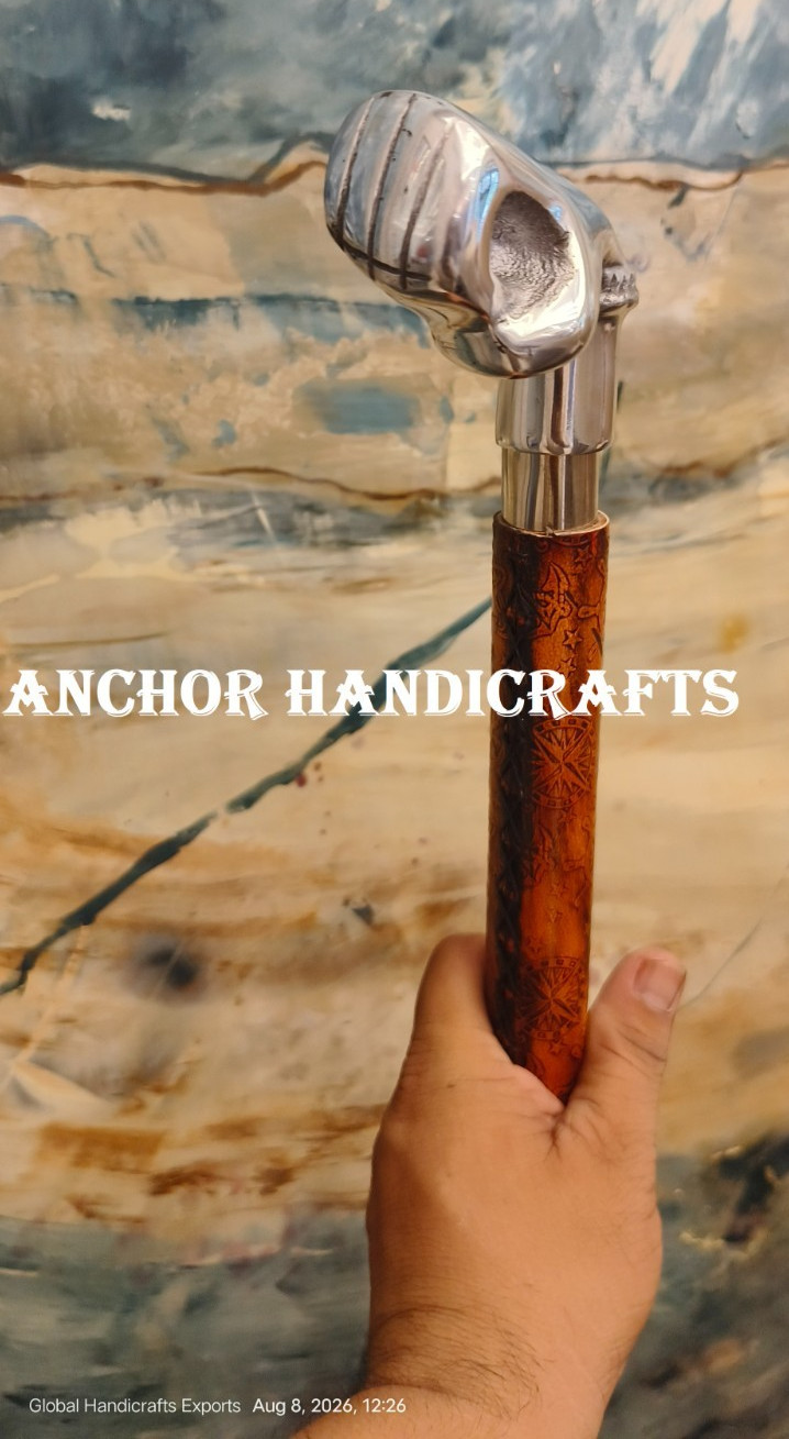 Handmade Punch Handle Leather embossed Nautical Style Wood Costume Walking Stick