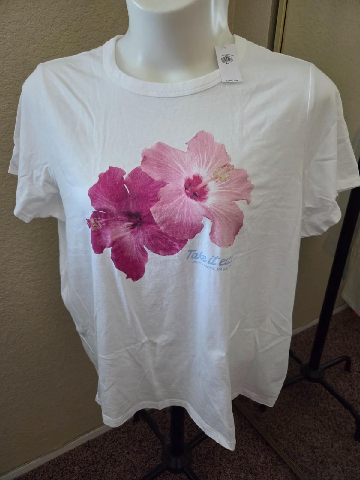 BRAND NEW: Women’s OLD NAVY Size XXL White Floral “Take It Easy” 100% Cotton Tee