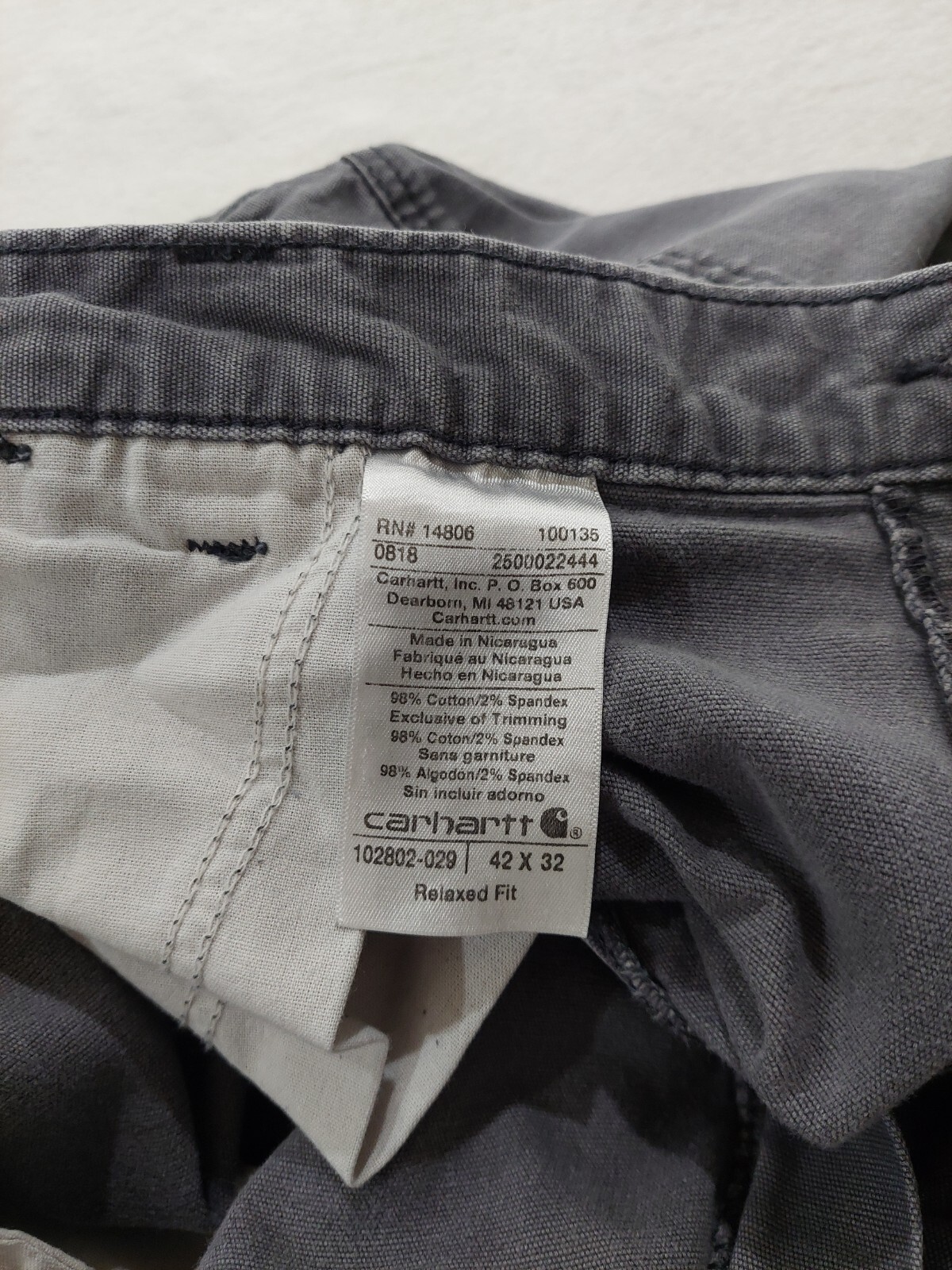 Carhartt Workwear Gray Double Knee Mens Pants Relaxed Fit 42×32 102802-029