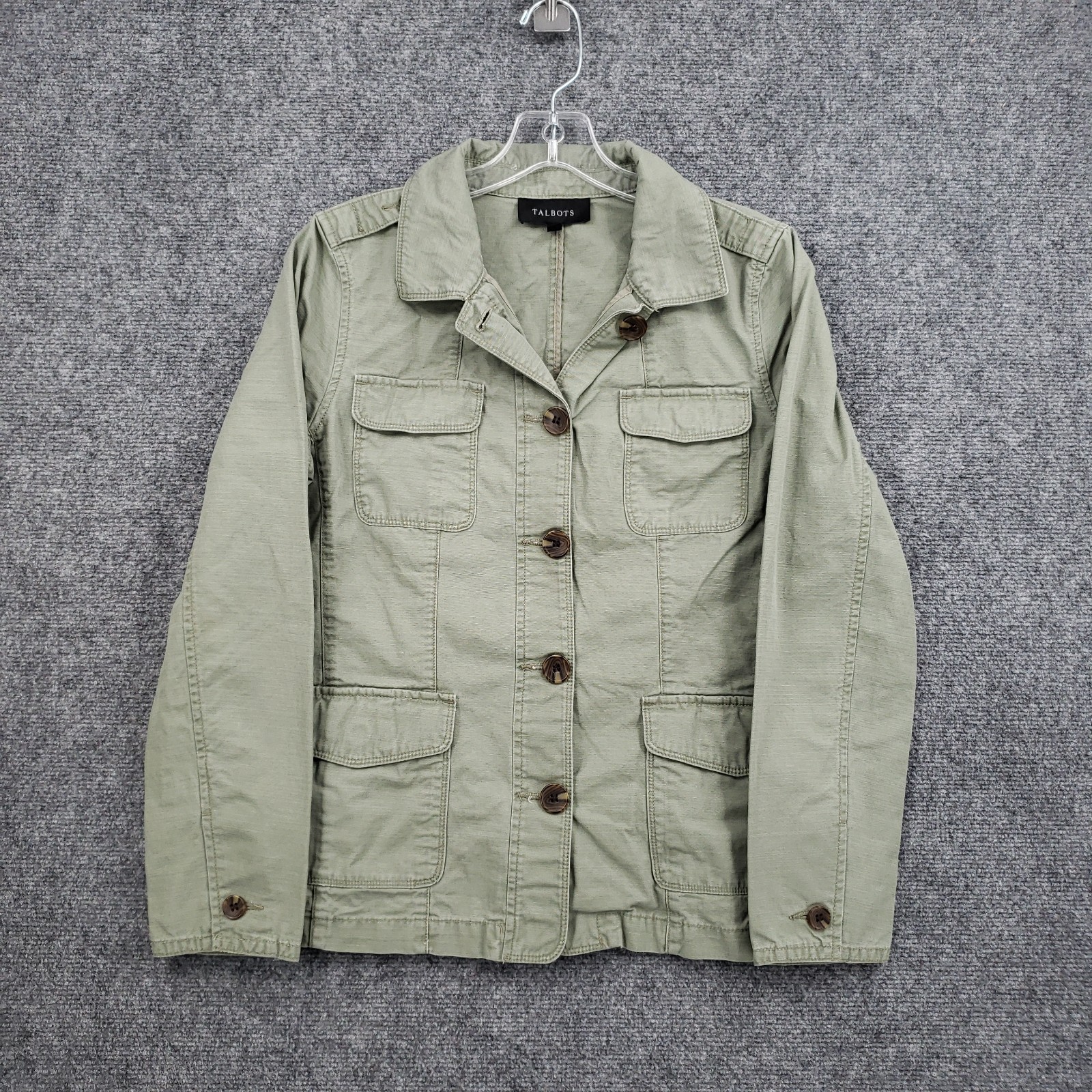 Talbots Military Utility Safari Jacket Womens Small Green Cotton Button Field