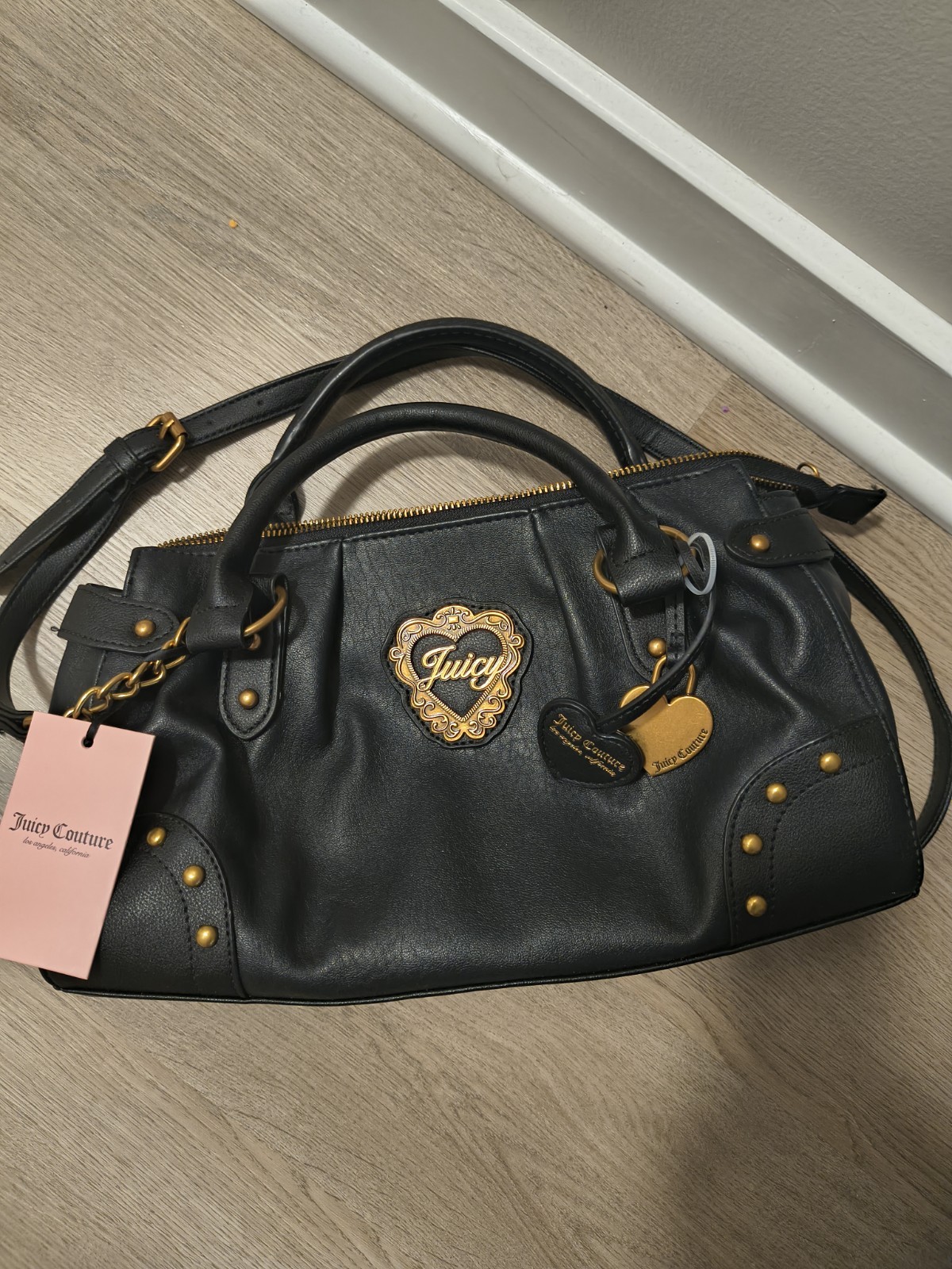 Juicy Couture Black Satchel Top Handle Bag Gold Hardware Logo Studs Zip Strap