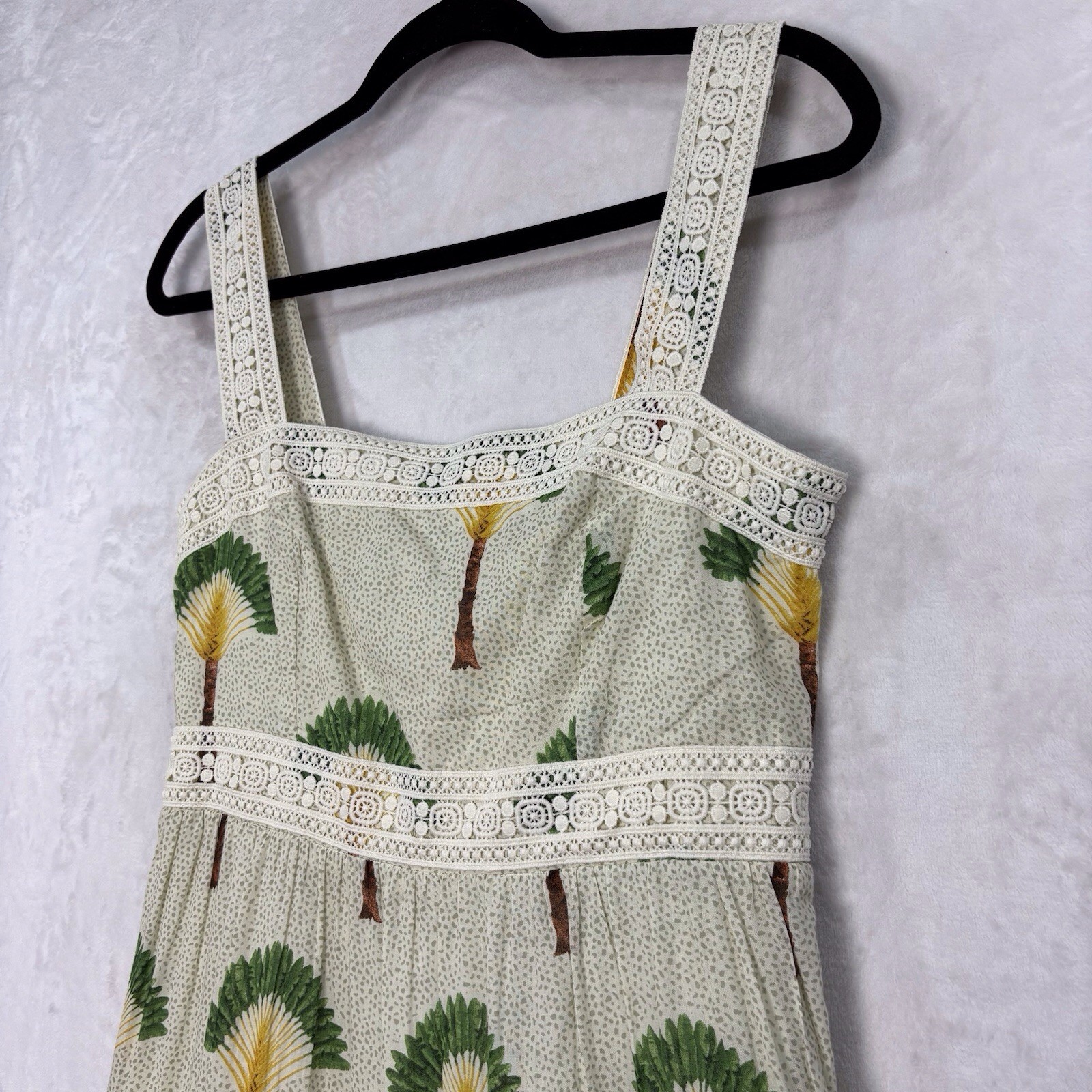Calypso St Barth Palm Tree Crochet Tier Smocked Dress M Maxi Ruffle Tropical NEW