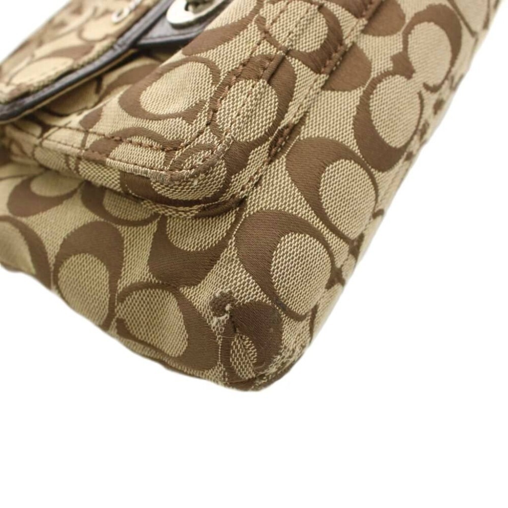 Coach Signature Canvas Leather Shoulder Bag Beige Brown Women 18cm 17.5cm