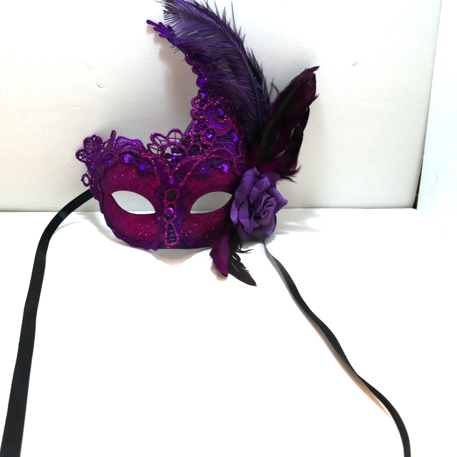 Venetian Adult Eye Mask with Feather Accents & Ribbon Ties Purple glitter rose