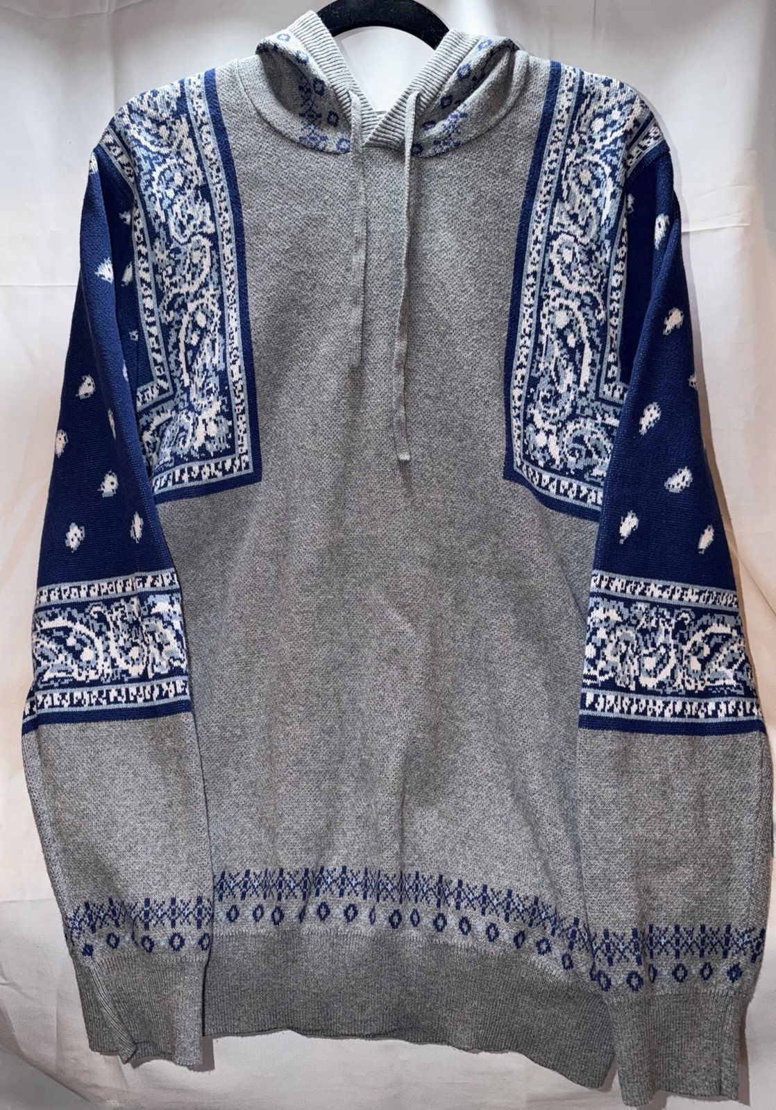 Sun + Stone Small Bandana Paisley Knit Hoodie Gray Blue 100% Cotton Western Boho