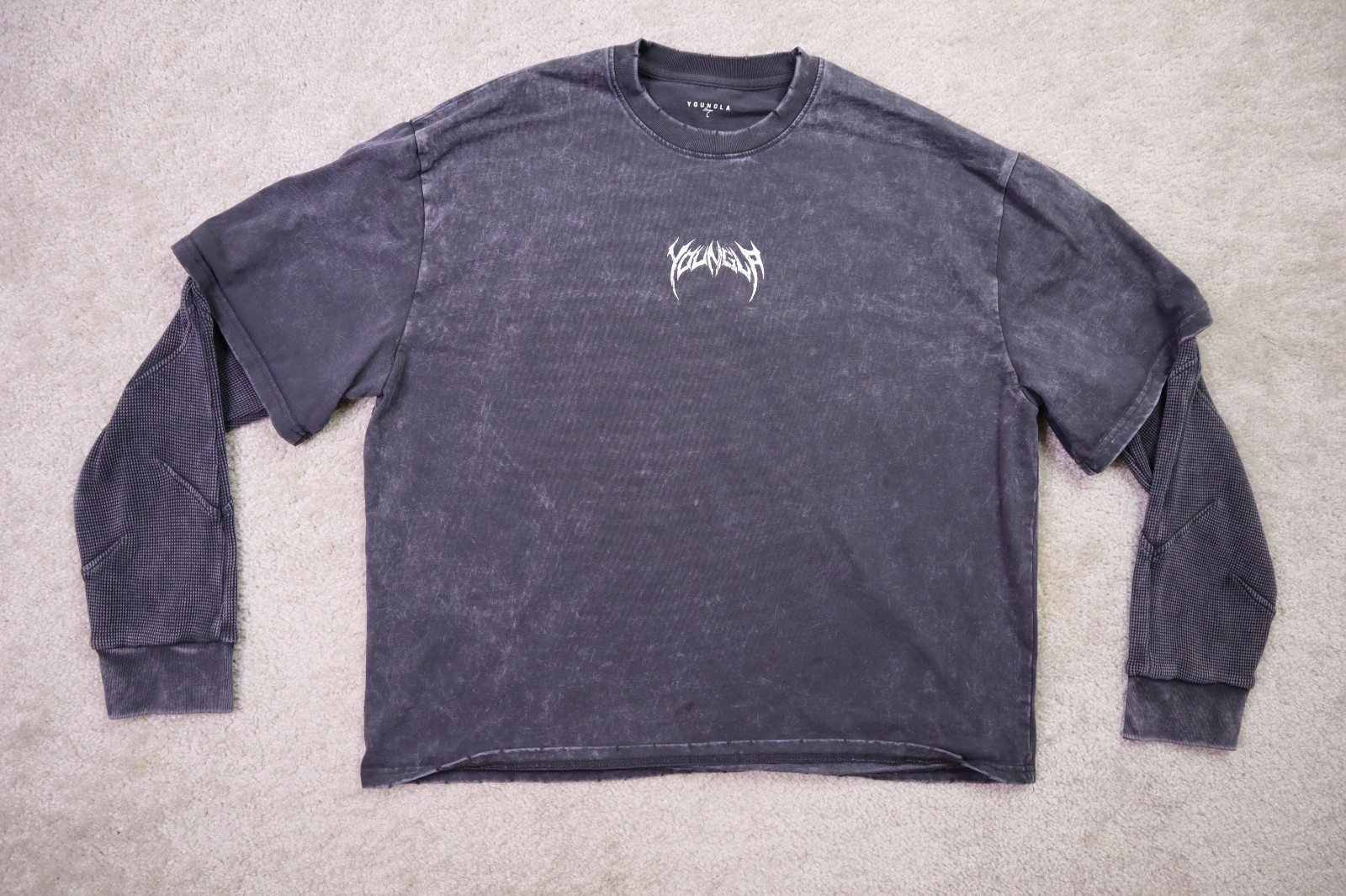 Youngla Shirt Mens Large Shadow Twofer Longsleeves Charcoal Wash Cotton