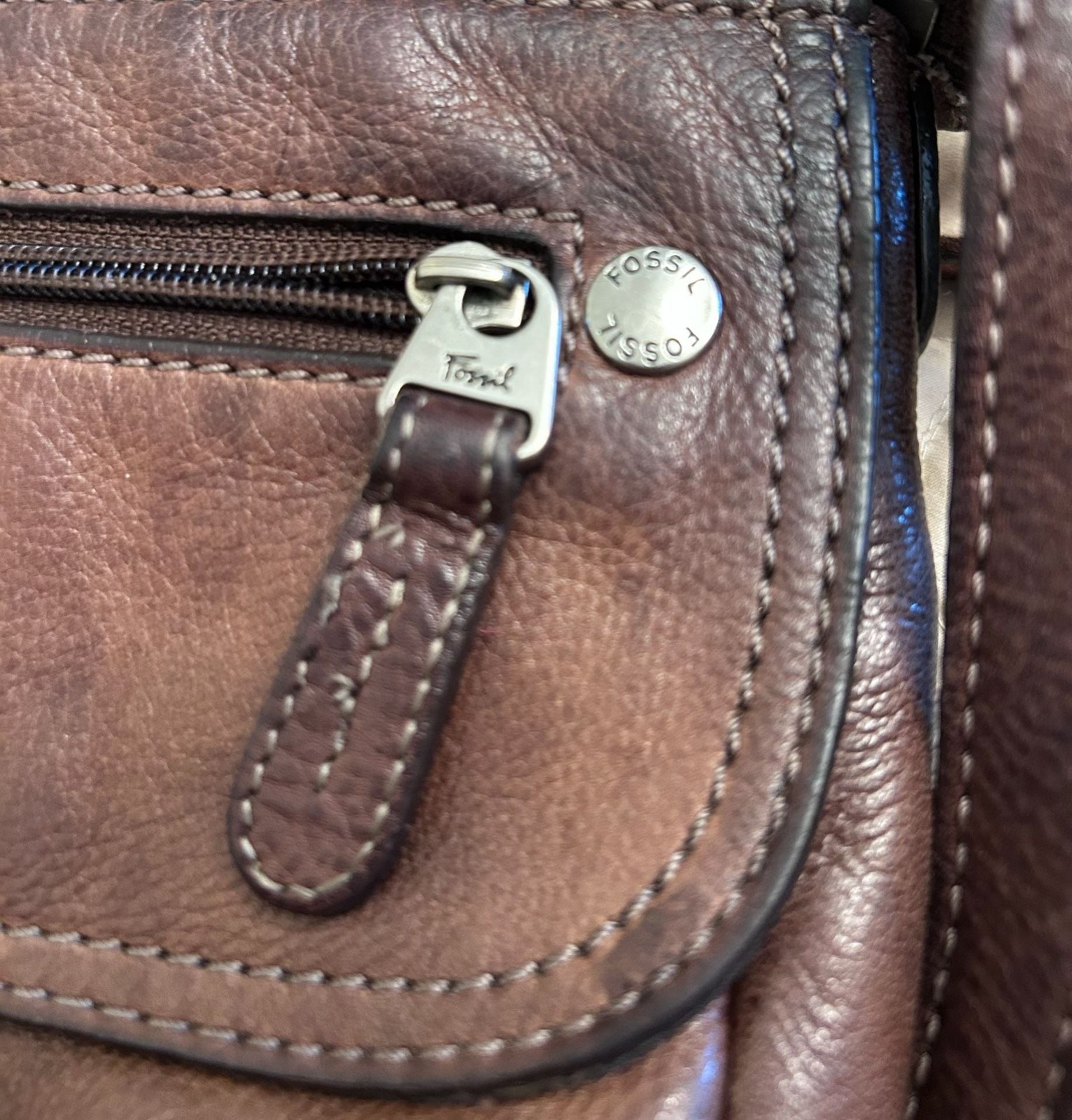 Fossil Brown Leather Crossbody Bag with Embossed Logo Patch