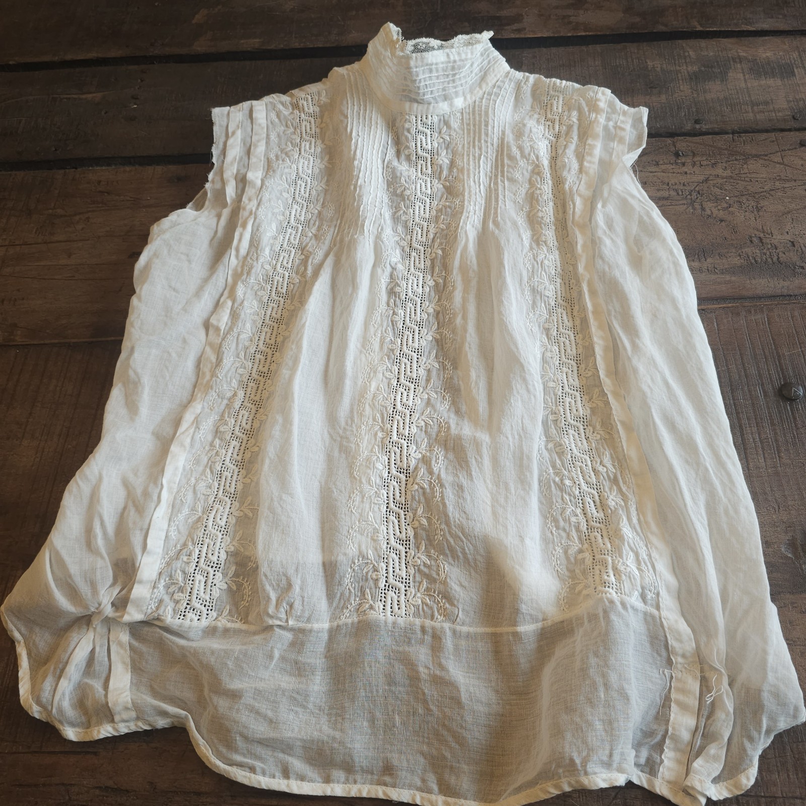 Antique Embroidered White Sleeveless Blouse Mock Neck As Is Top Shirt Edwardian