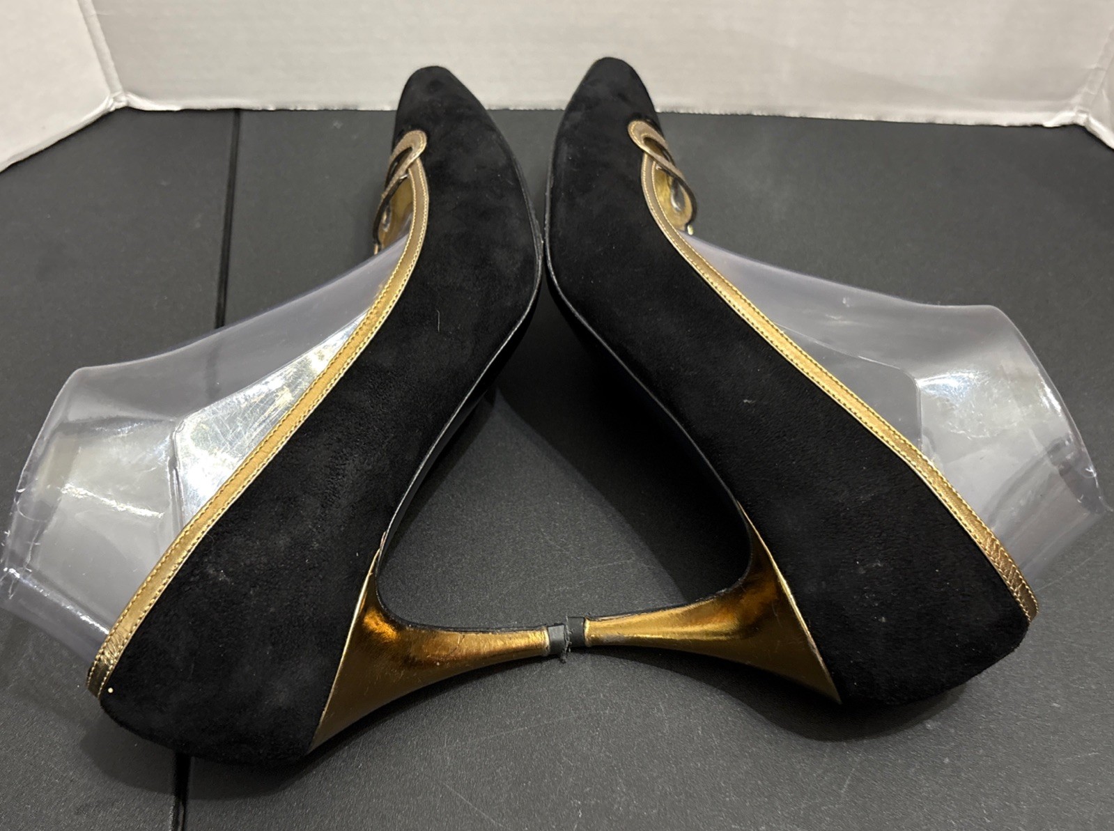 CLAUDIA CIUTI Black Suede & Gold Pointed Toe Heels Pumps Size 9.5 M