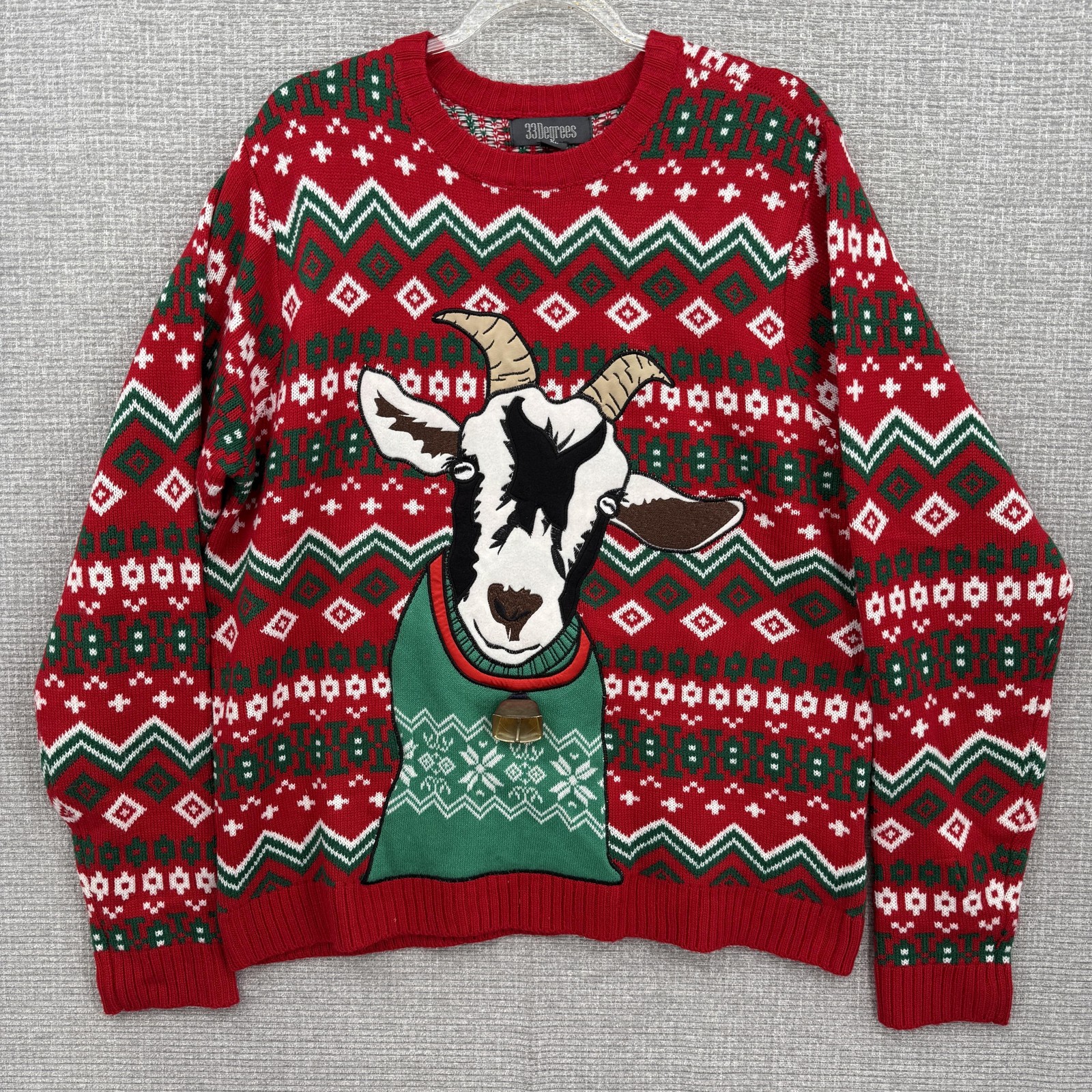 33 Degrees Christmas Goat Sweater Mens XL Red Ugly Holiday Bell Acrylic Country
