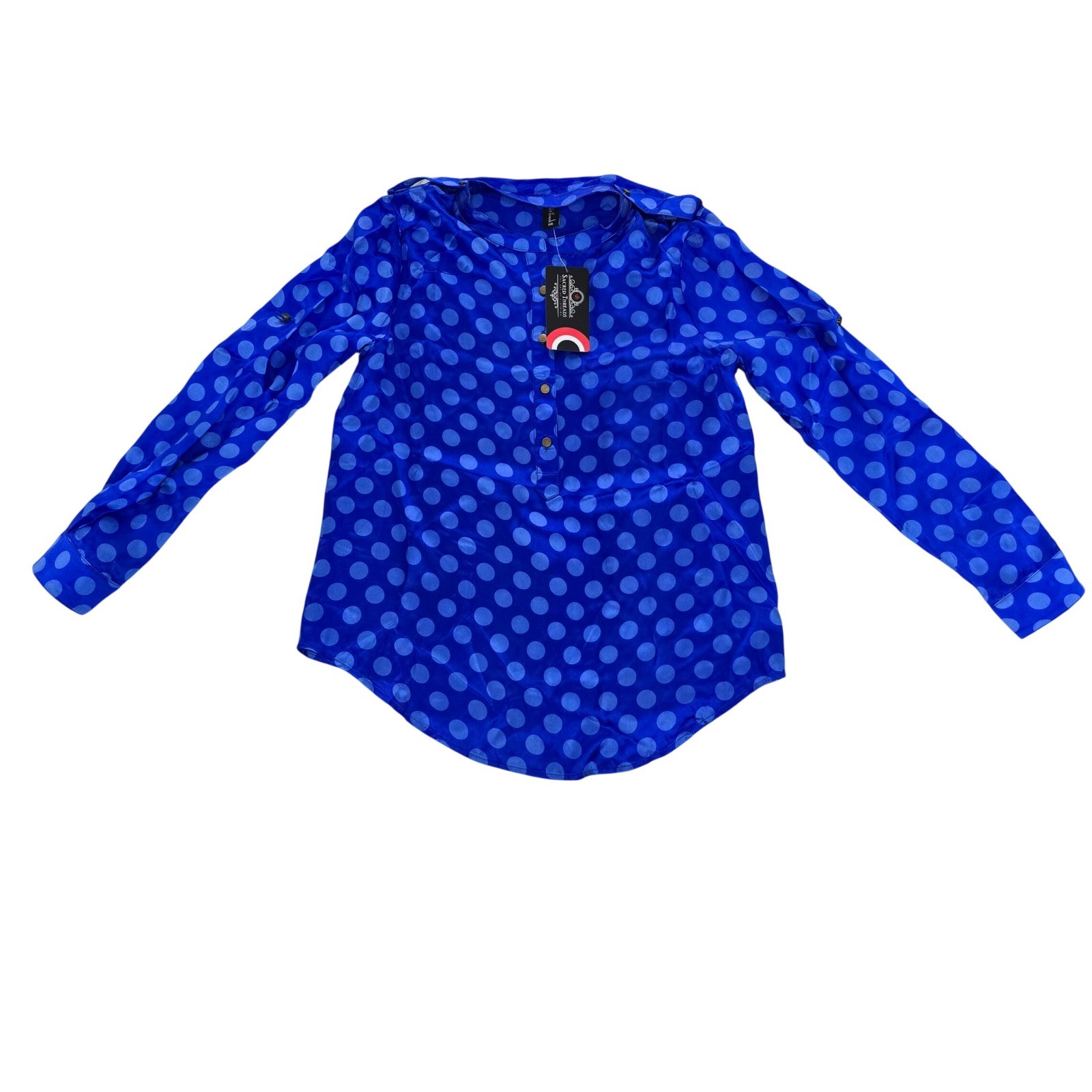 Sacred Threads 100% Silk Blue Polka Dot Blouse OS Mandarin Collar 222017 NWT