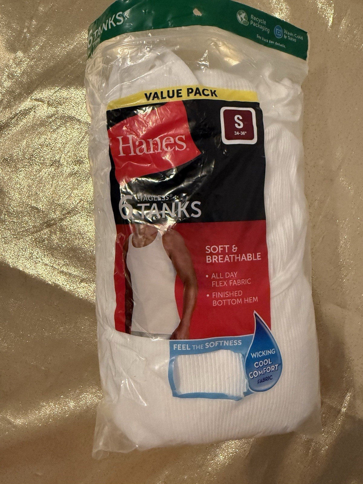 NEW Hanes 6 Pack Ribbed Finished Hem Cotton Tanks White Men’s Size Small 34-36″