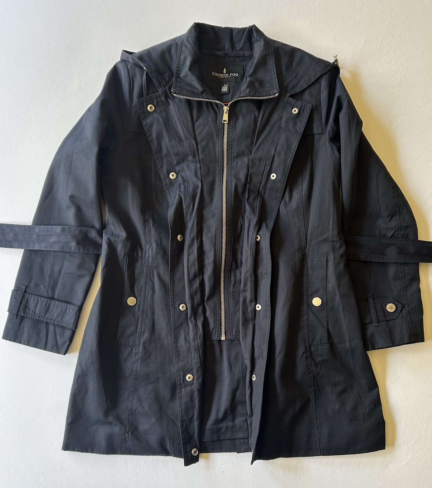 London Fog Women’s Navy Blue Hooded Raincoat Size S Belted Zip Snap Front