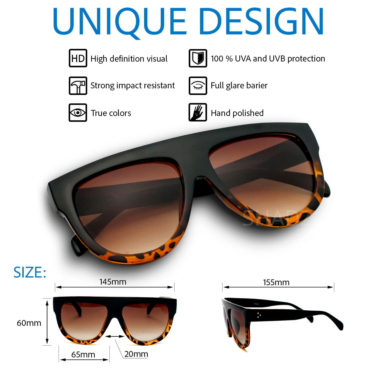 TEARDROP Ombre Gradient Two Tone Flat Top BLACK BROWN Ombre Sunglasses GAFAS