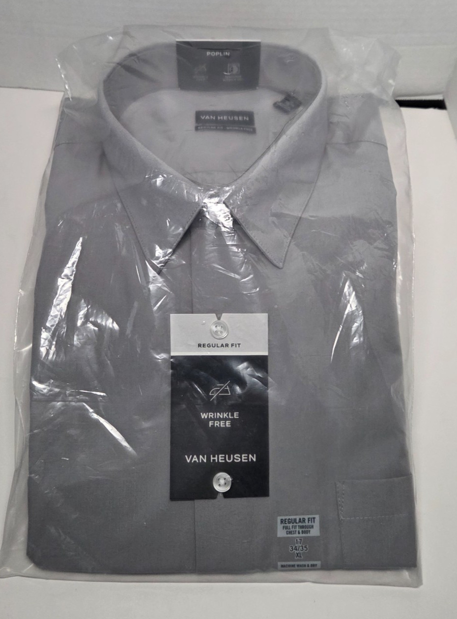 NEW Van Heusen Poplin LS Dress Shirt Greystone Button Down Collar XL 17 34/35
