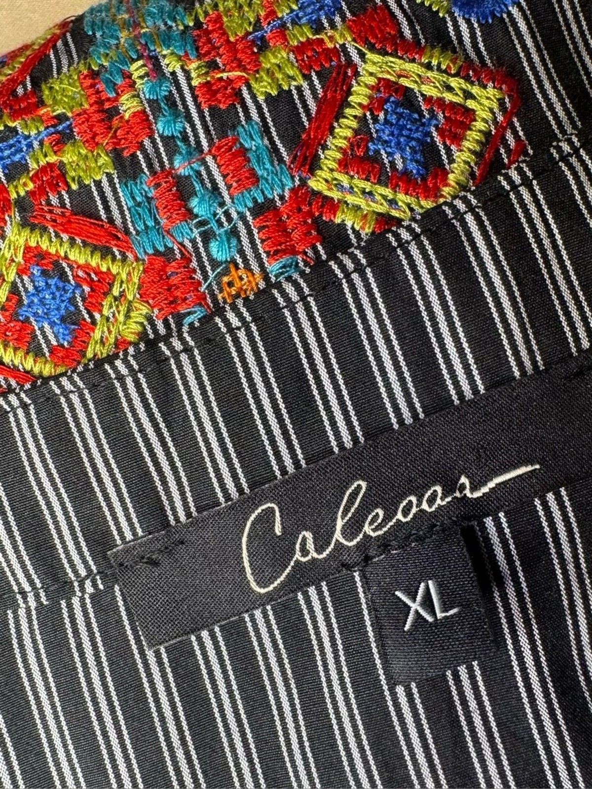CALEOOS Navy Striped Embroidered Bell-Sleeve Tunic Top Retro Hippie Vibe XL