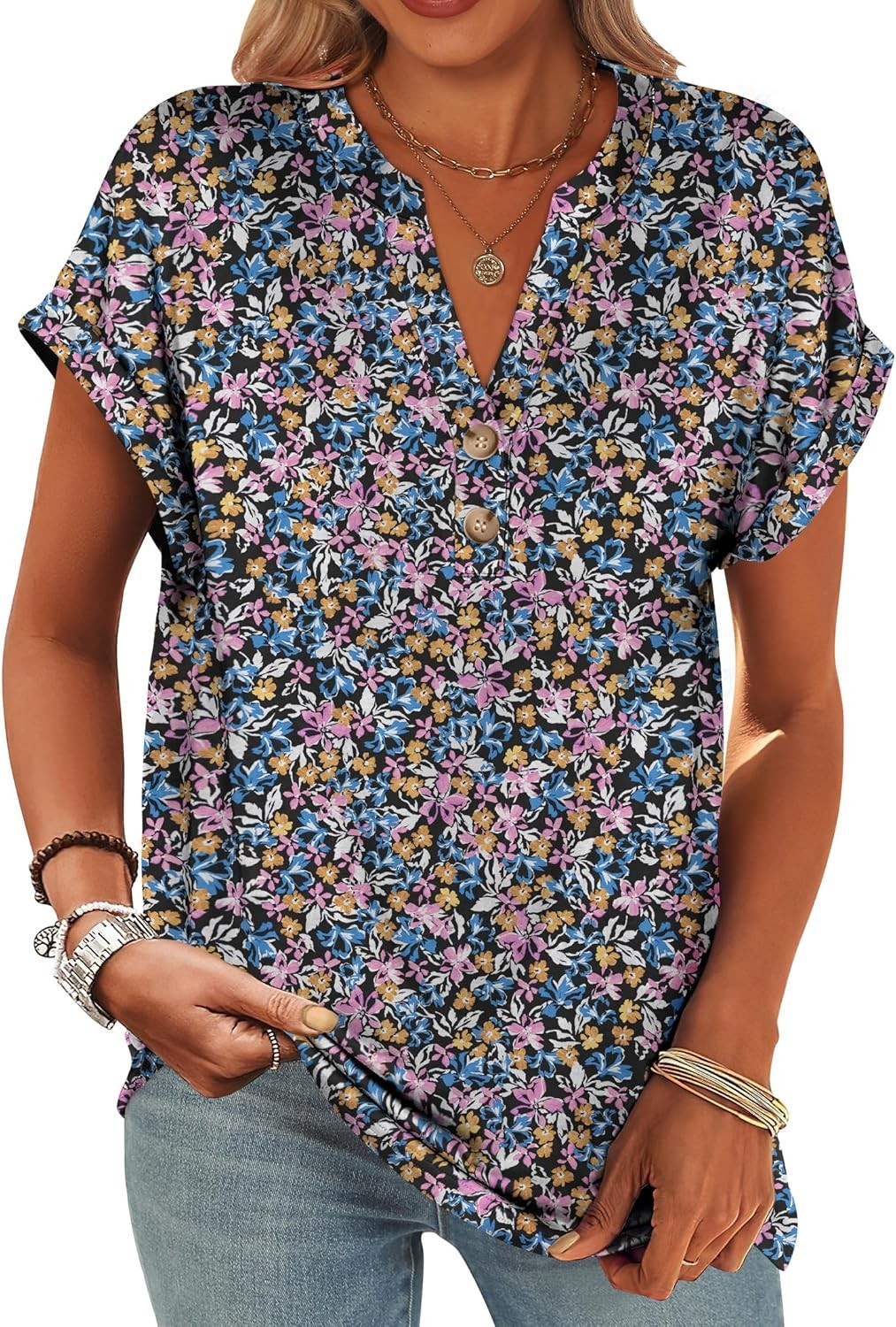 Womens Henley V Neck Short Sleeve Loose Fit Casual Summer Tunic Blouse Top