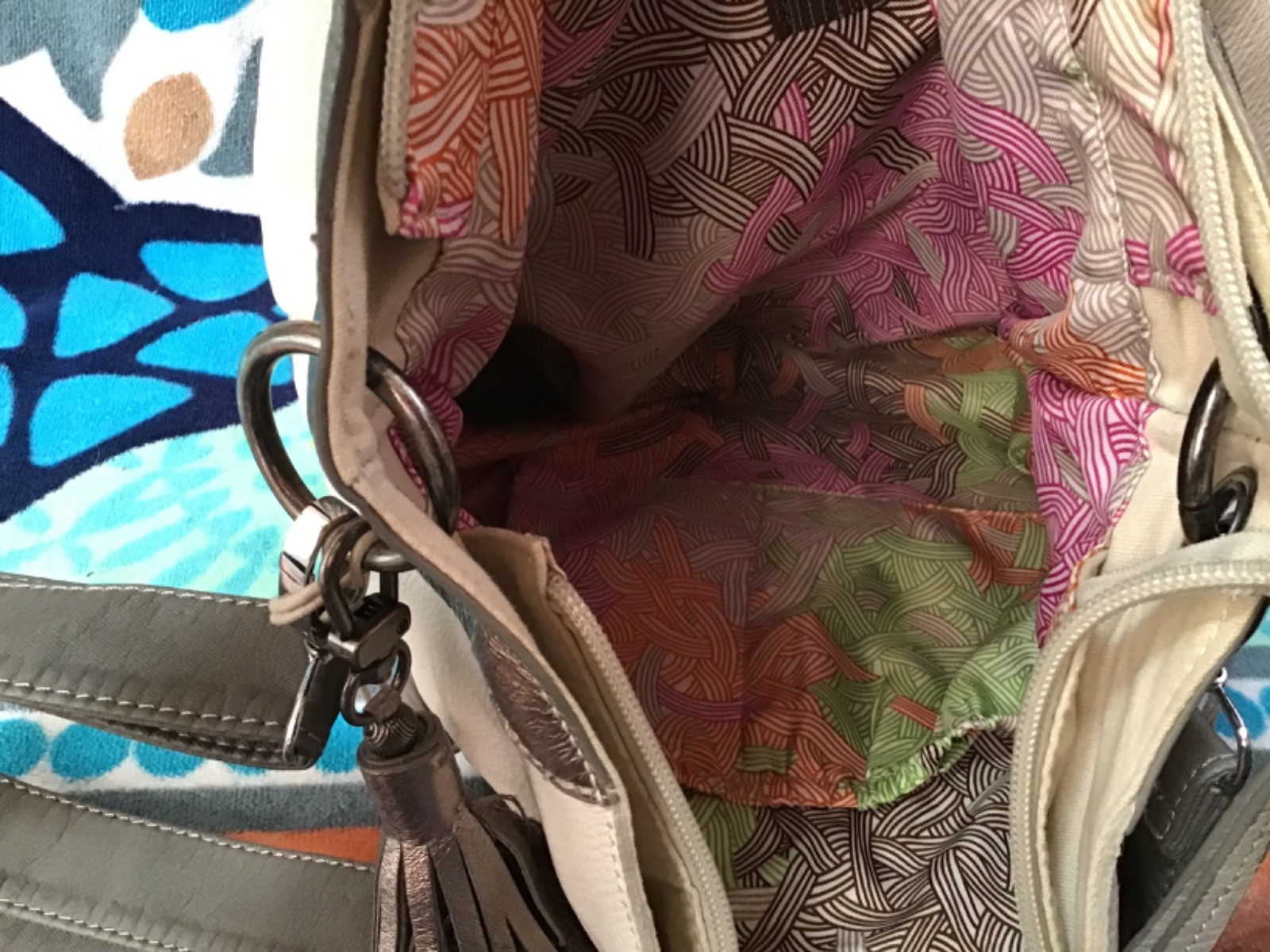 The Sak Gray, Bone & Metallic Leather Shoulder Bag or Crossbody – 14W x 11H x 4D