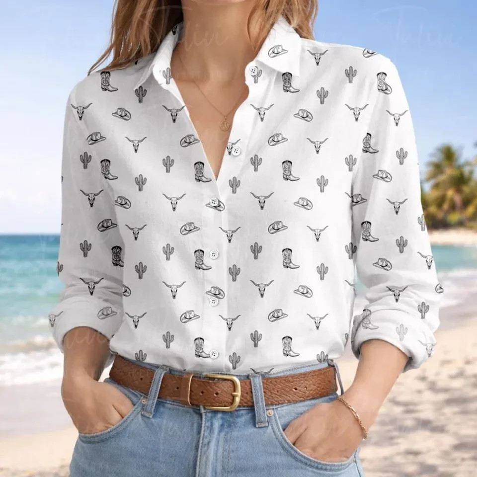 Women’s Western Cowgirl Hat Boot Print Button Down Shirt Country Girl Top