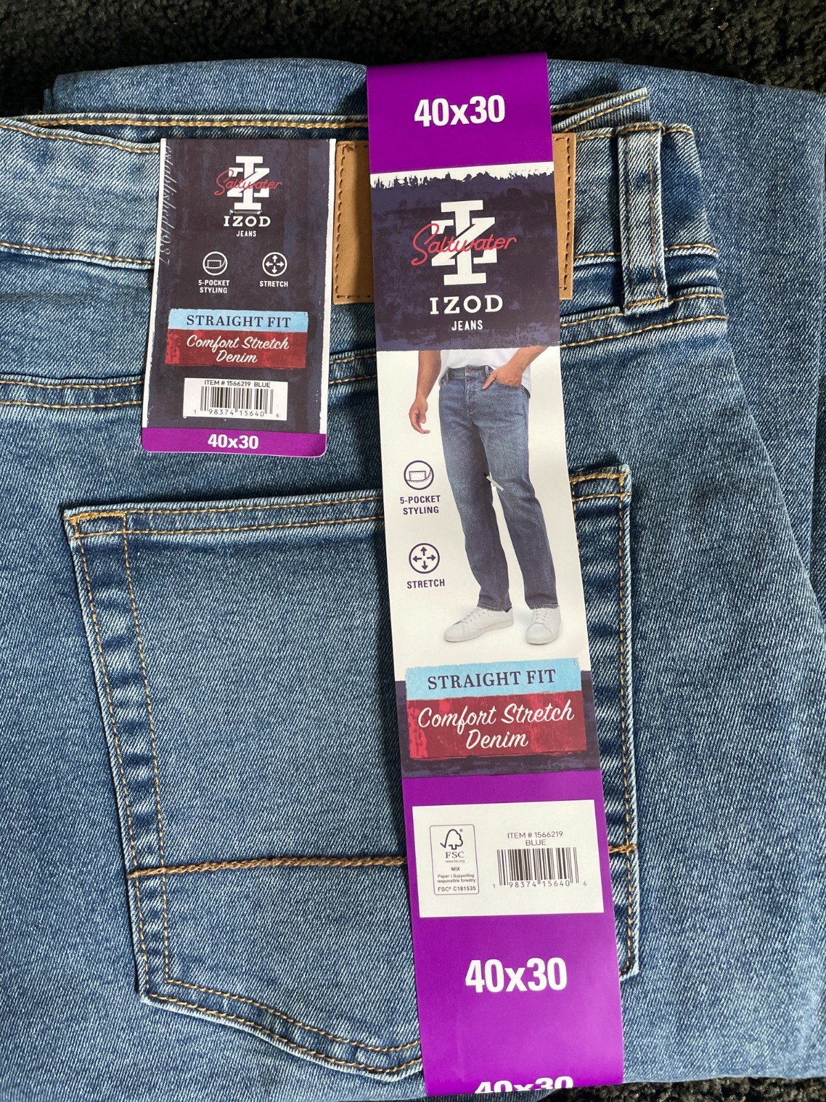 IZOD Jeans Mens Straight Fit Comfort Stretch Denim Dark Blue 40×30 40×32 40×29