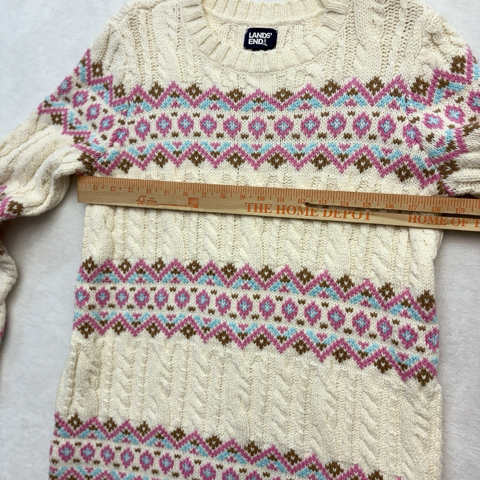 Lands End Fair Isle Cable Knit Sweater Tunic Ivory Pink Blue Women’s Size S