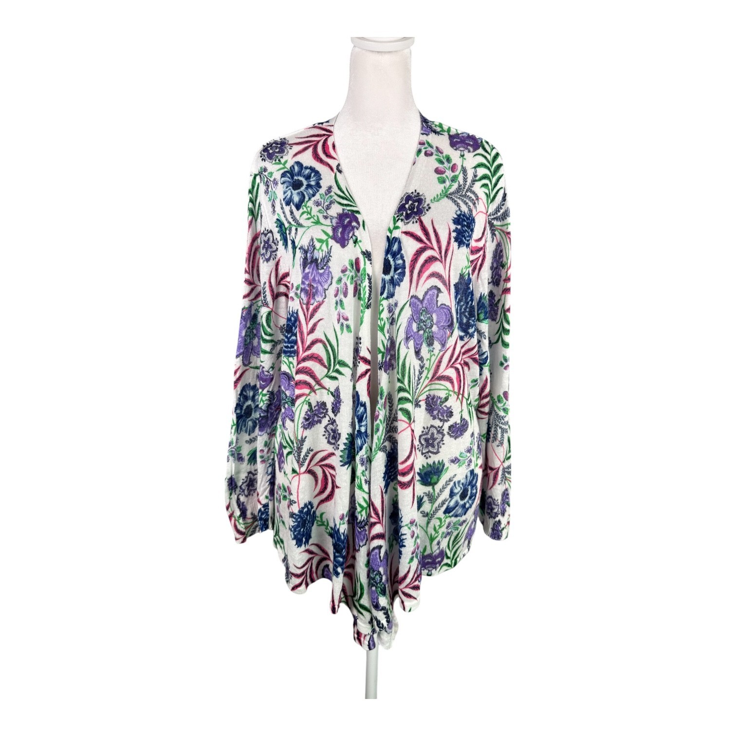 Chico’s 3 XL Lightweight Open Cardigan Ramie Rayon White Floral Tie Front