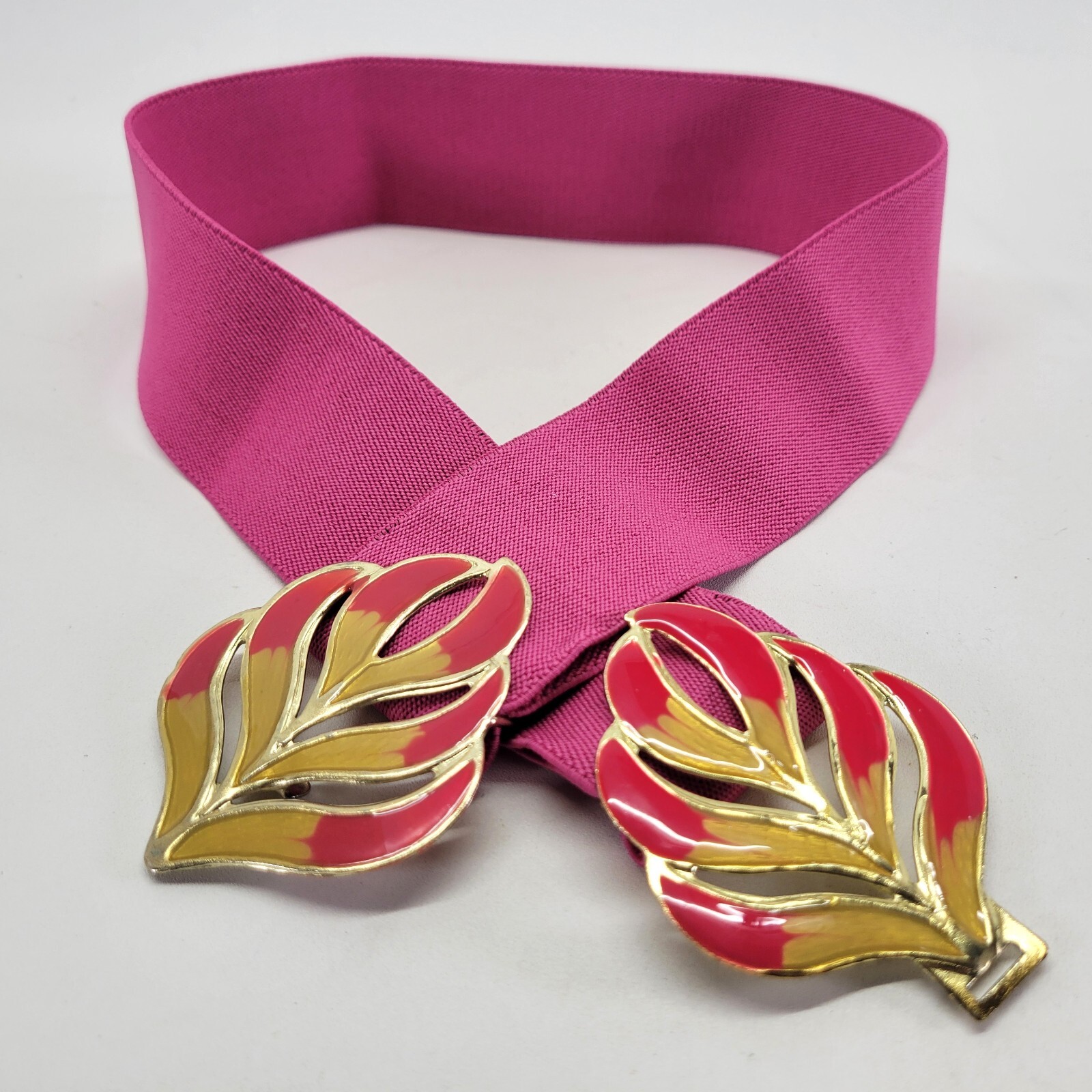 Stretch Belt 30 32 34 Leaf Buckle Waist Wide Pink Vtg 1980s