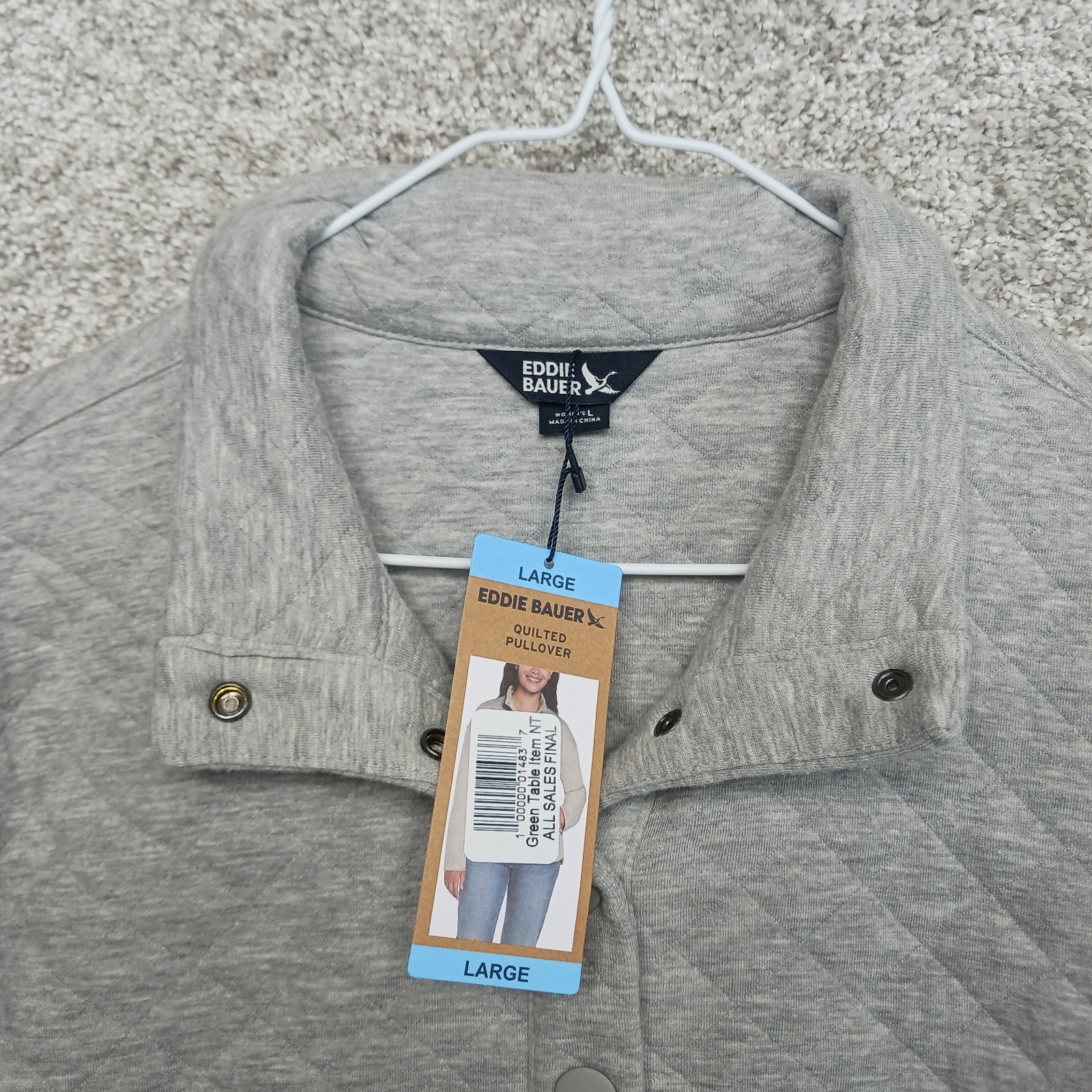 NWT Eddie Bauer Womens L Gray Quilted Kangaroo Pocket Pullover Large MSRP $99.00