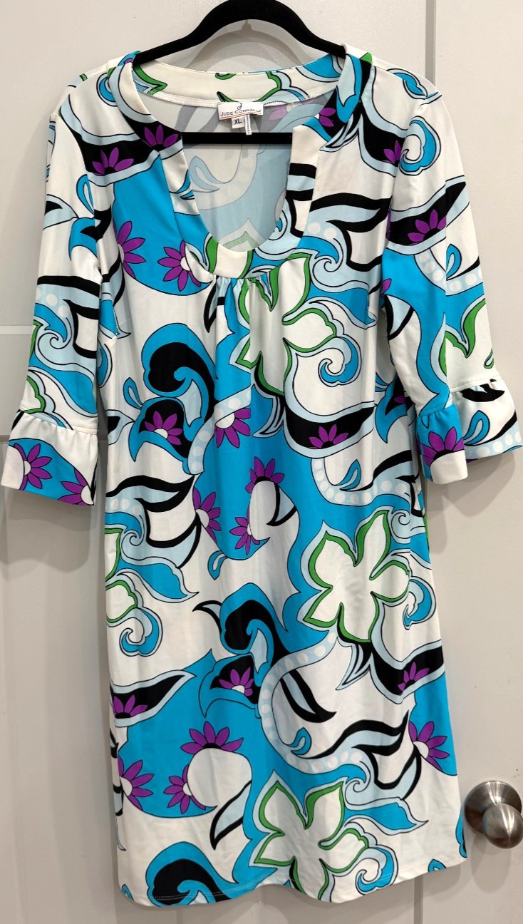 Jude Connally Turquoise and White Jersey Shift Dress Size XL 3/4 Ruffle Sleeve