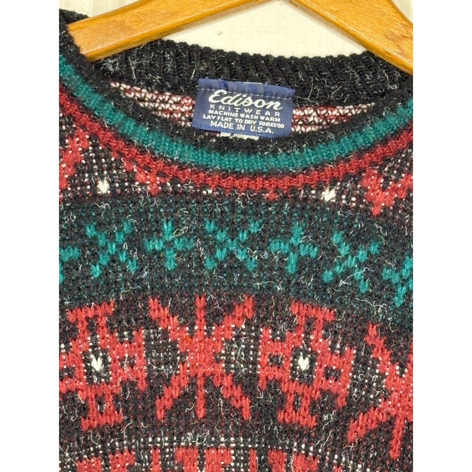 Edison Knitwear Mens Large Fair Isle Geometric Sweater Red Green Black USA