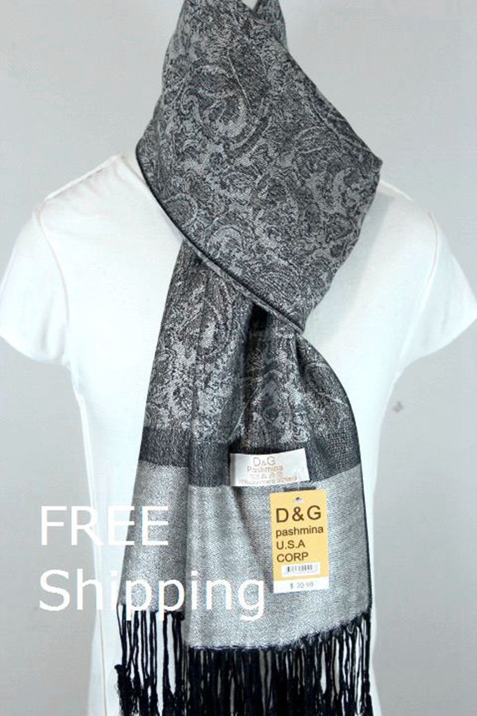 DG Women’s Pashmina Scarf Shawl Wrap Paisley Black Silver 30%Silk 70shmere