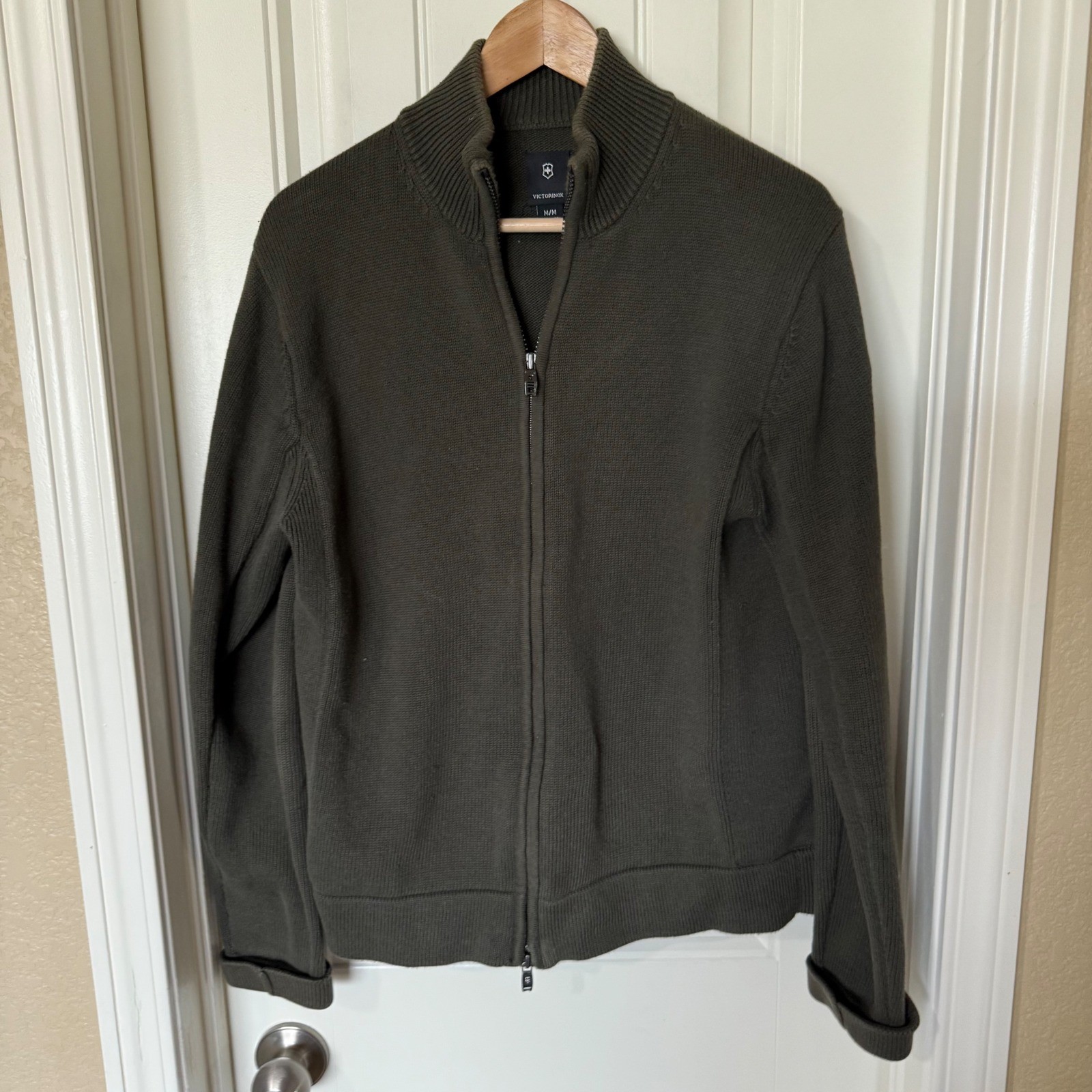 Victorinox Full Zip Cardigan Mens Medium Olive Green Excellent Cotton Sweater