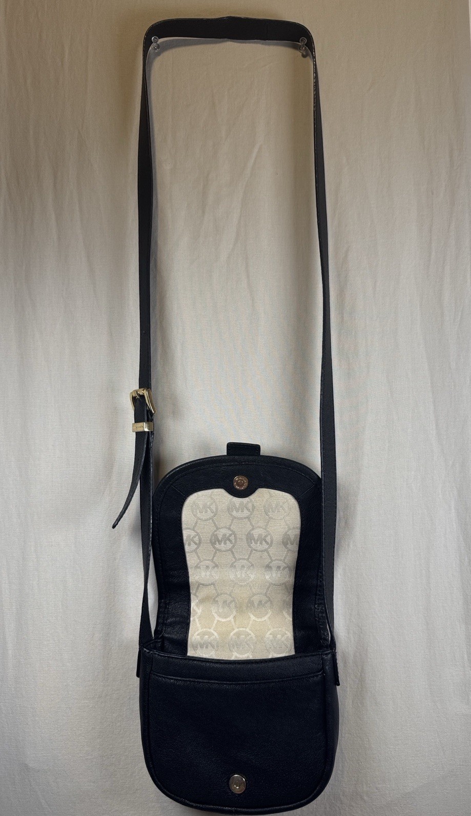 Michael Kors Black Leather Small Saddle Crossbody Bag Gold Buckle