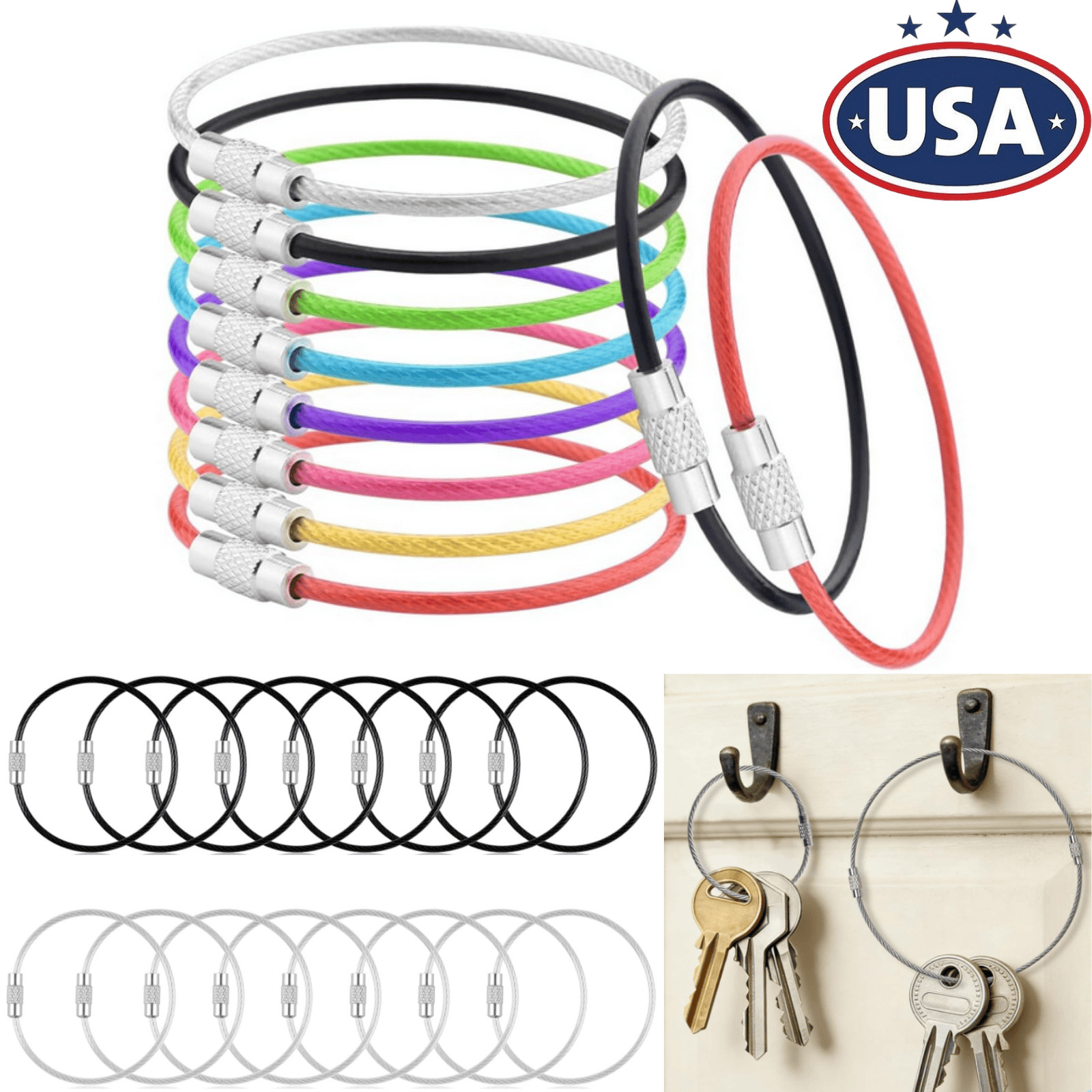 10Pcs Stainless Steel Wire Keychains Cable Key Rings Loop Screw Lock Outdoor 6″