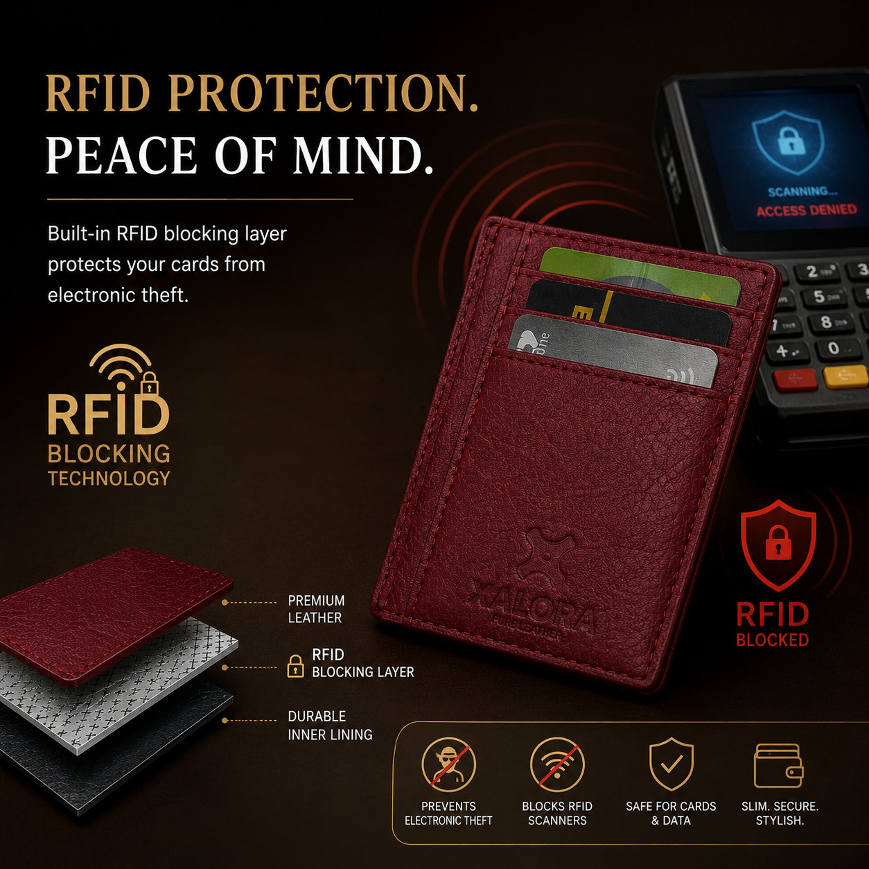 XALORA Slim Leather Wallet RFID Blocking Minimalist Front Pocket Card Holder