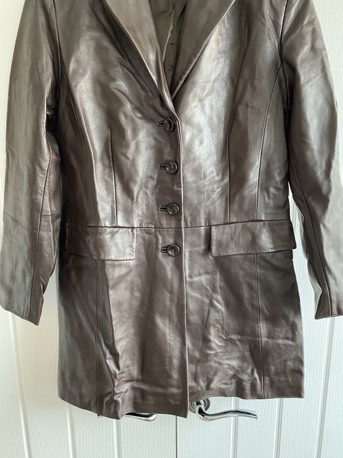 Mode Vintage Ladies Brown Leather Longline Jacket UK 10
