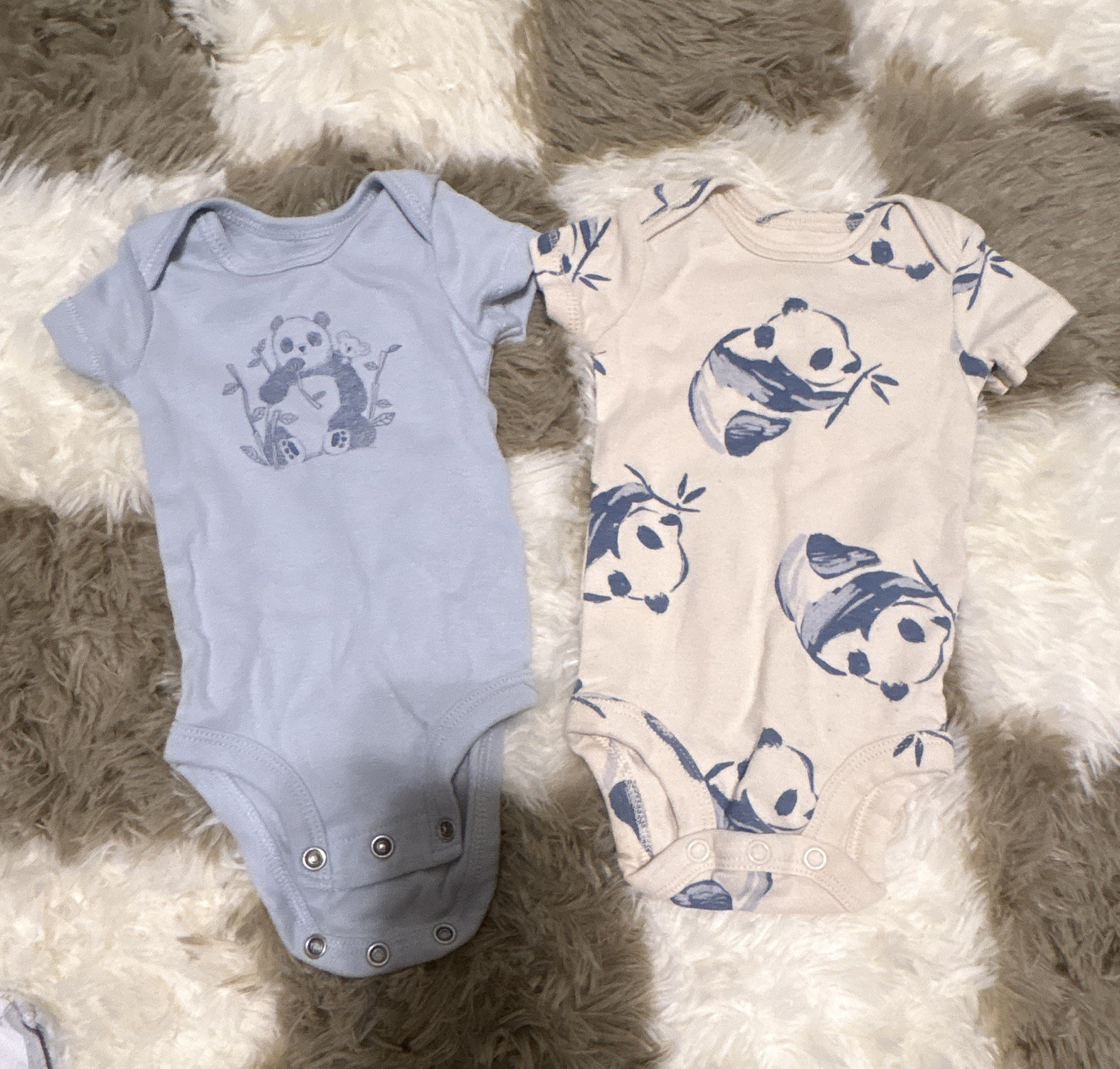 2-Pack Newborn Cotton Knit Short Sleeve Crew Neck Panda Bodysuits Blue/White