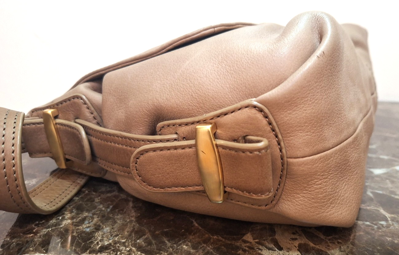 B. MAKOWSKY Taupe Leather Shoulder Hobo Bag Gold Bow Shaped Buckle NWOT