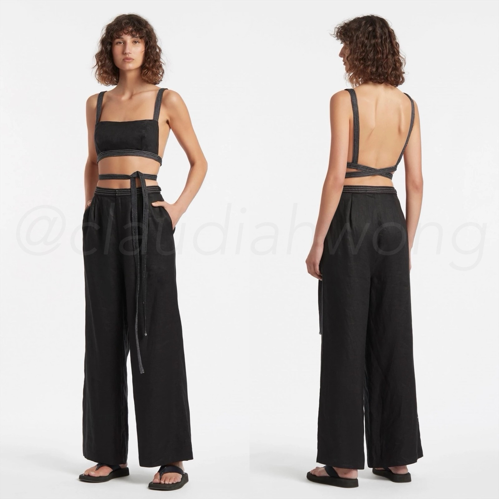 SIR THE LABEL 2-Piece Vilma Linen Black Wrap Bra Top + Wide Leg Pants SET Sz S