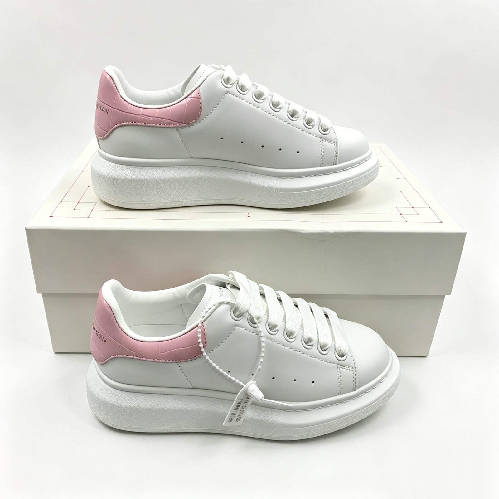 Alexander McQueen White Pink Croc Embossed Leather Heel Platform Sneakers Unisex