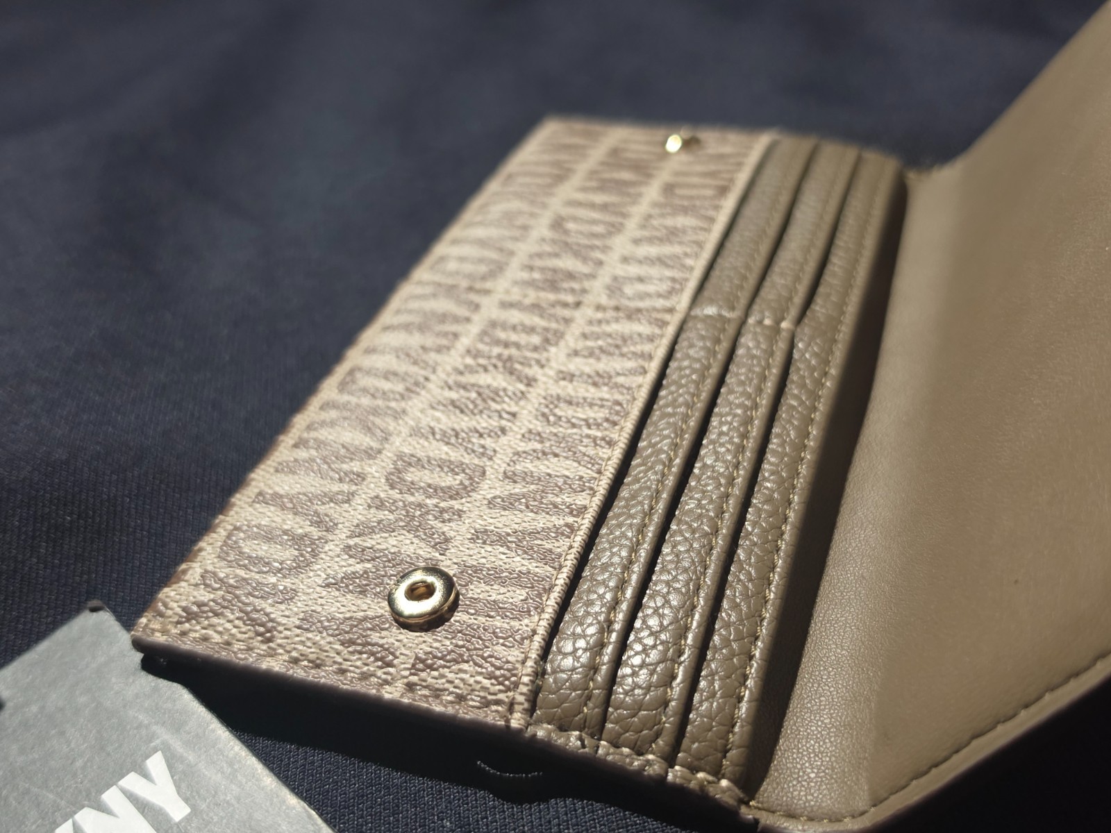 DKNY Women’s Logo Continental Wallet Tan Brown Monogram Faux Leather