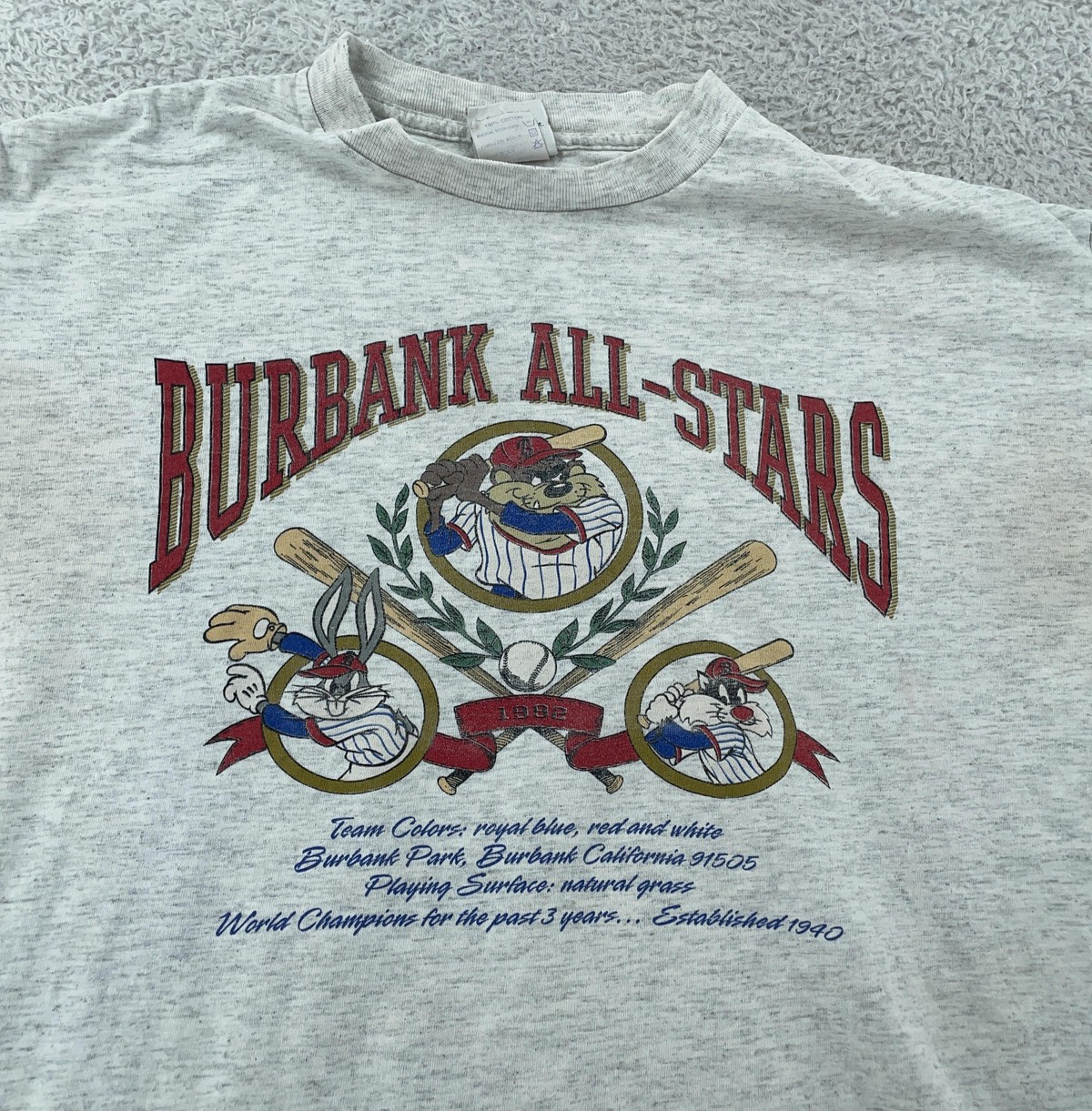 Vtg 90s Taz Looney Tunes Burbank All-Stars T-Shirt FITS L Gray Baseball Cartoon
