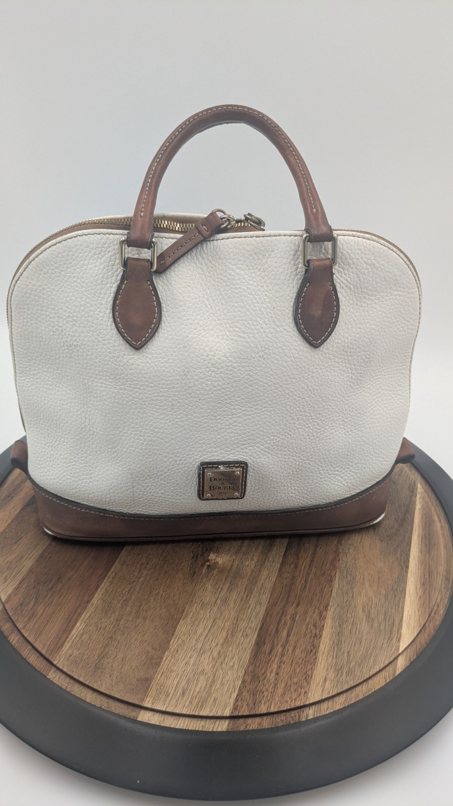Dooney & Bourke Pebble Grain White Leather Zip Dome Satchel British Tan Purse