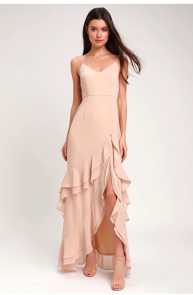 Lulus Women’s Beige V-Neck Chiffon Ruffle Maxi Dress Polyester Size M E-7