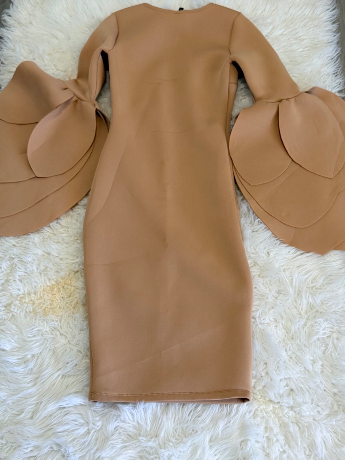 Ladies Beige Midi Dress With Petal Sleeve Detail