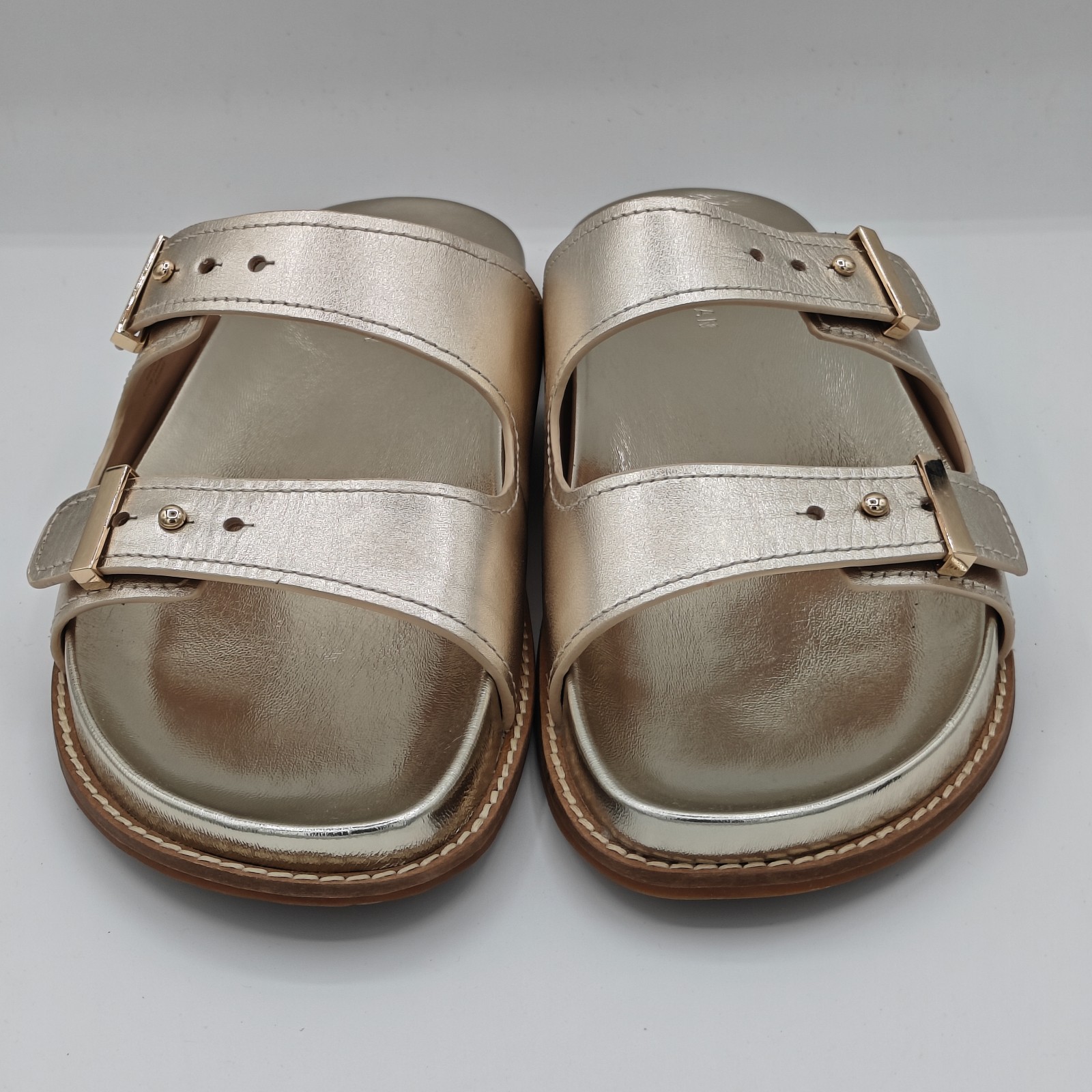 Cole Haan “Marisol” Women’s Leather Adjustable Double Banded Sandals – Soft Gold