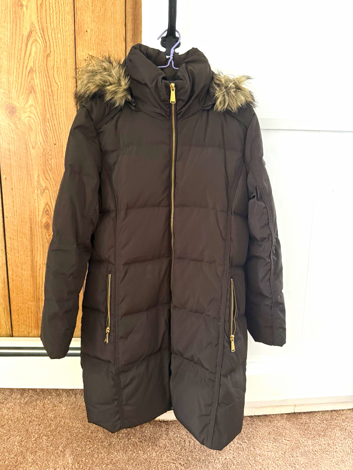 Michael Kors Women’s Brown Hooded Faux Fur Trim Down Quilted Puffer Coat L