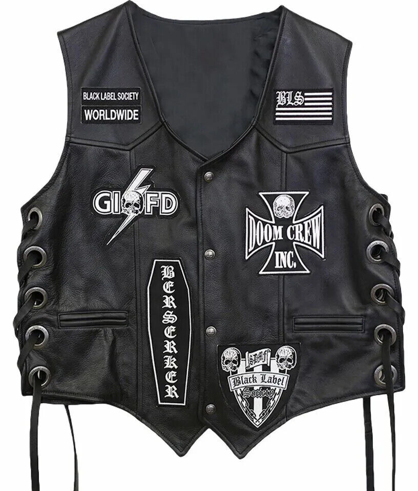 Zakk Wylde Black Label Society Biker Genuine Leather Vest Jacket BLS Patches