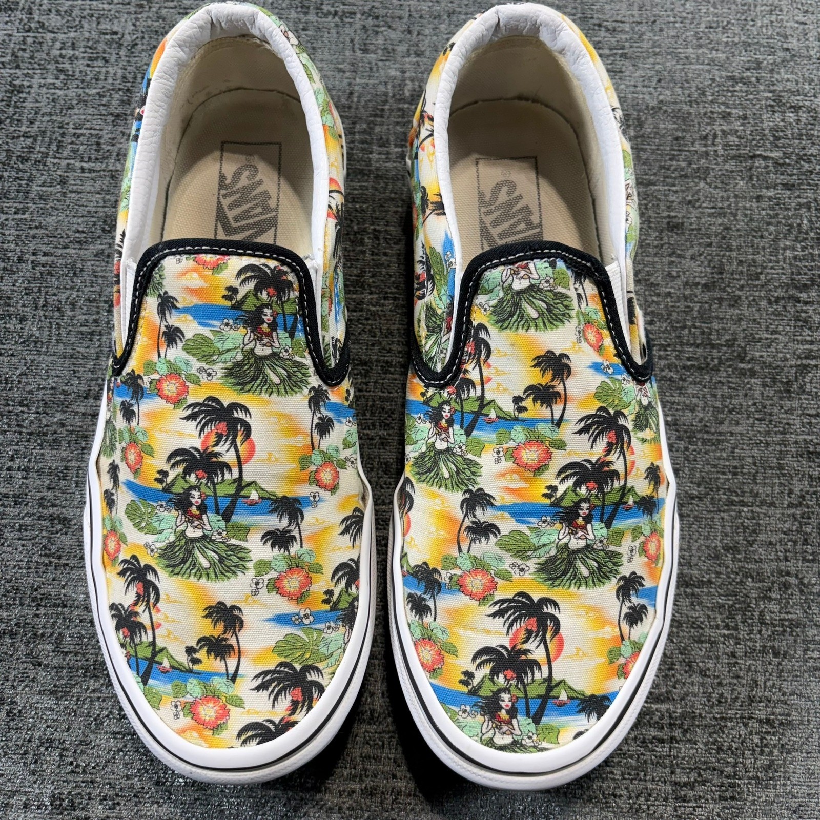 Vans Slip On Unisex Men 8 Women 9.5 Multicolor Hula Girl Tropical Beach Sunset