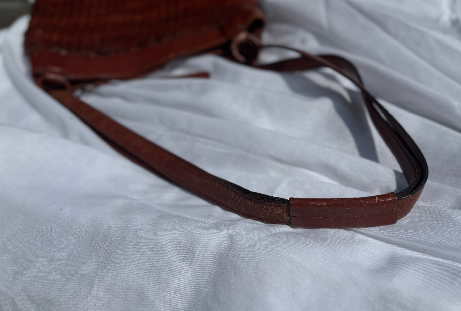 Vintage Etienne Aigner Medium Woven Leather Bucket Shoulder Bag Oxblood Brown